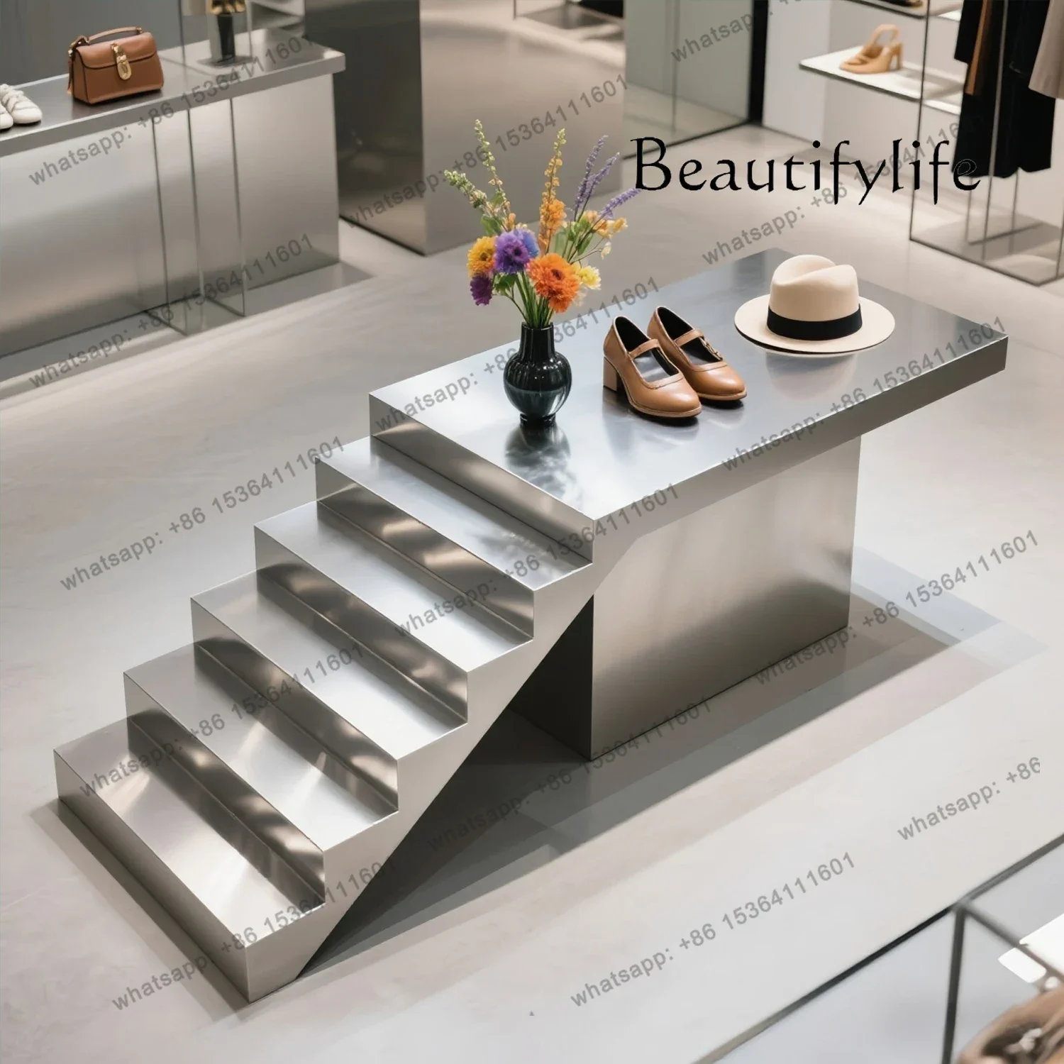 Clothing Store Stainless Steel Ladder Water Table Shoe Store Shoe Rack Middle High And Low Table Display Table Jewelry Bag Dis