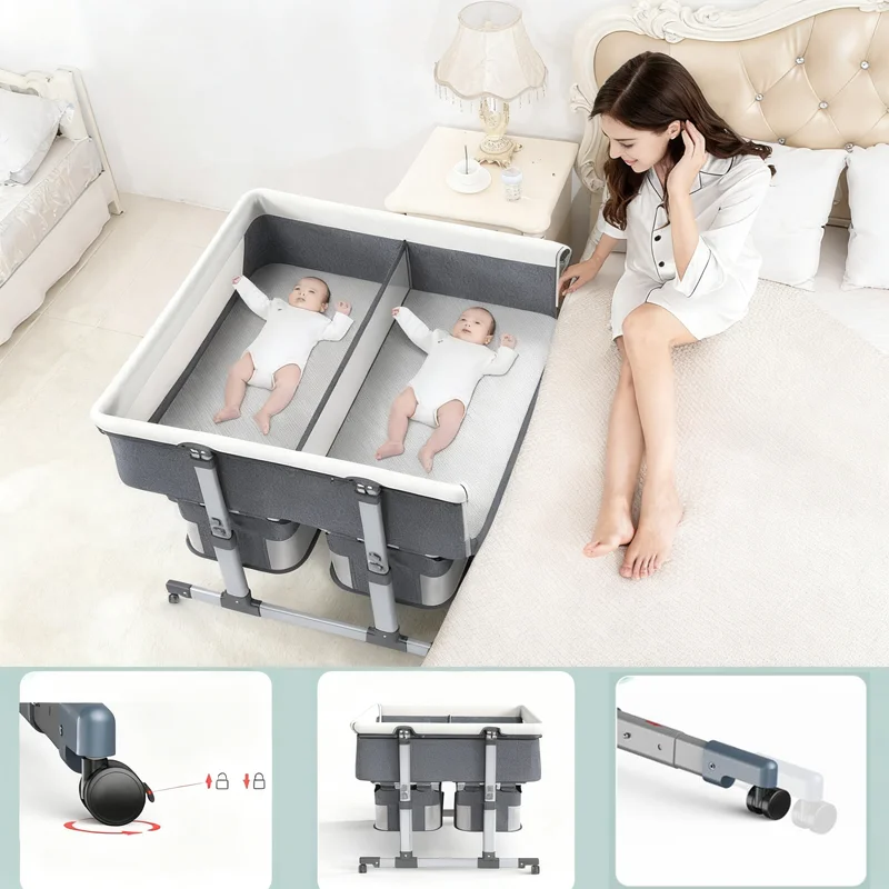 Twins Bassinet with Breathable Mesh, Wheels & Storage – Side Sleeper for Two Babies