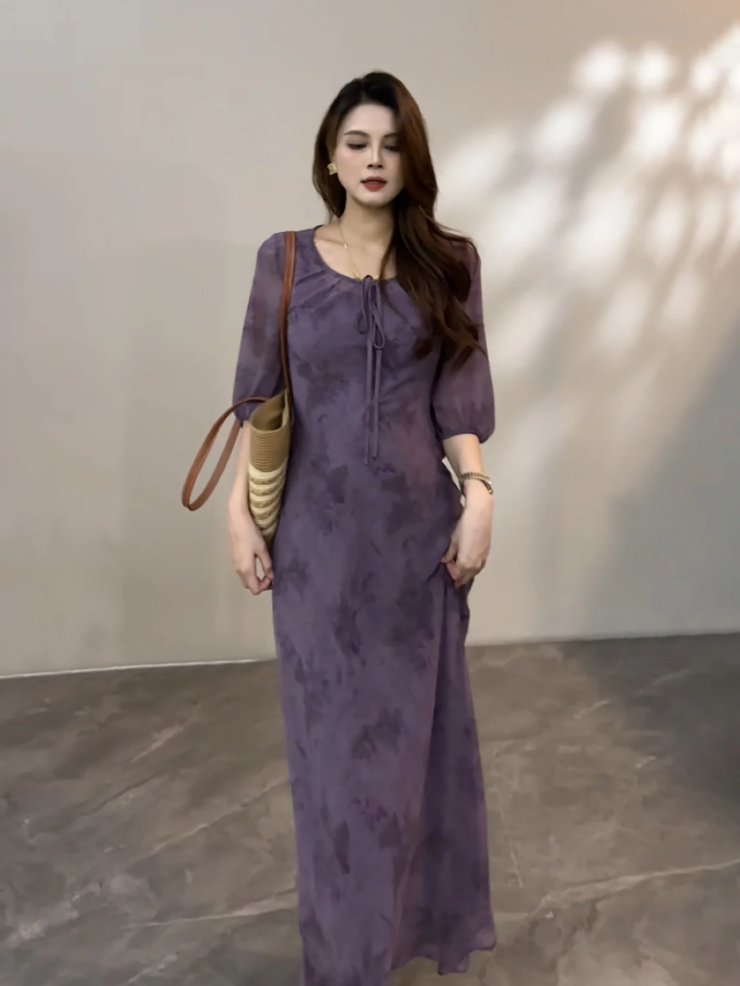 Summer New Purple V-Neck Waist-Cinching Slimming Long Gentle Style Dress DT2362 Women's Fashion Elegant Casual Beach Dress