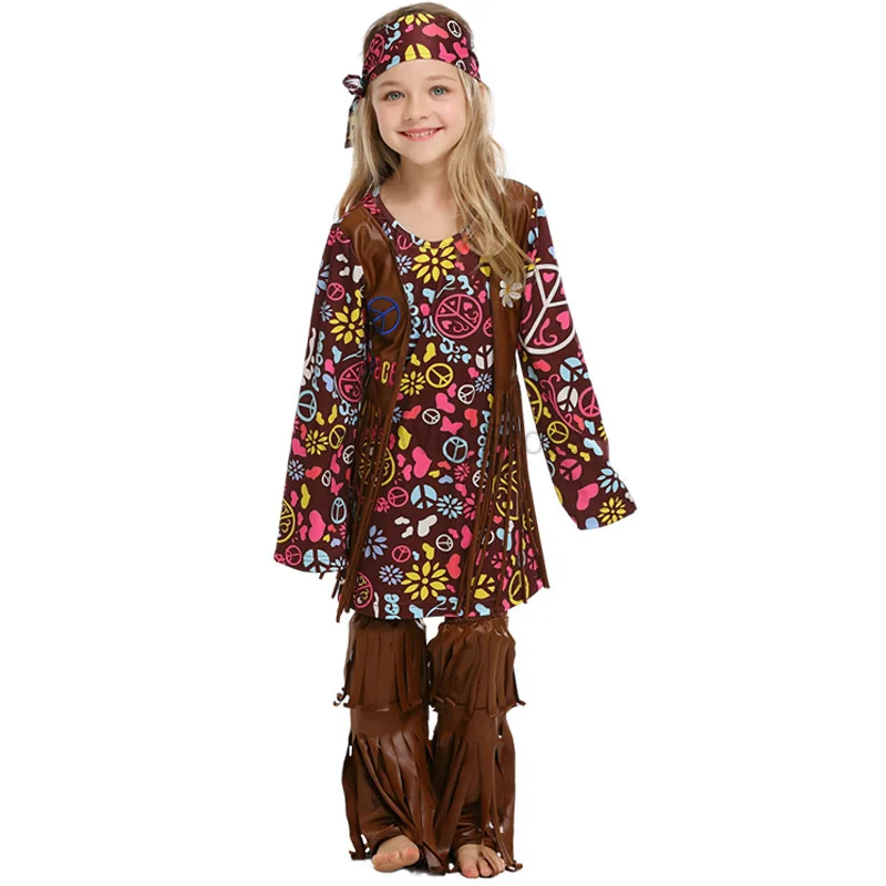 Kids Hippie Costume Set 60s 70s Hippie Dress for Girls Party Accessories for Carnival Halloween Cosplay Dress Up Outfits