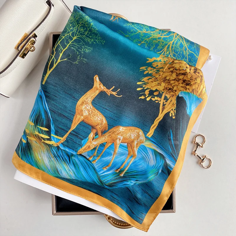 Spring/Summer Deer Graphics Print Neck Scarf Outdoor Decoration Wraps for Women Breathable 70*70cm Imitation Silk Square Scarf