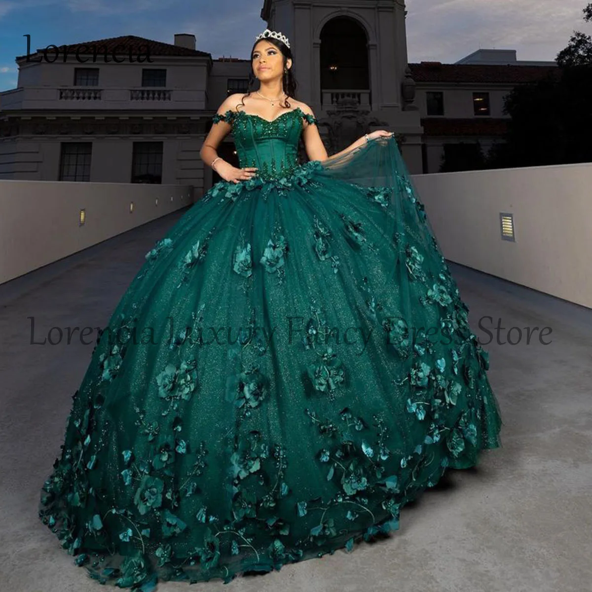 Mexican Green Quinceanera Dress Sweet 16 Ball Gown 3D Flowers Sequins Applique Beading Corset Formal Vestidos De 15 Años