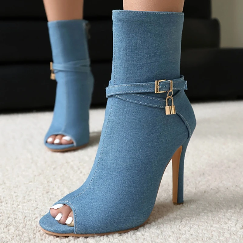 Sexy Ankle Boots For Women Shoes 2025 Spring Peep Toe Black White Blue High Heels Jazz Dance Party Shoes Female Large Size 45