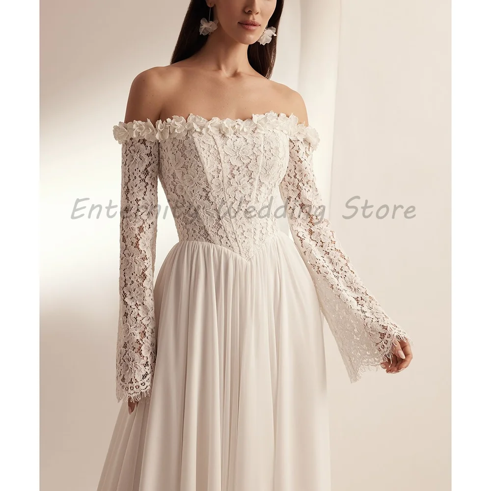 White A Line Wedding Dress Off Shoulder Lace Long Sleeve Corset Bodice Chiffon Train Minimal Bridal Gown