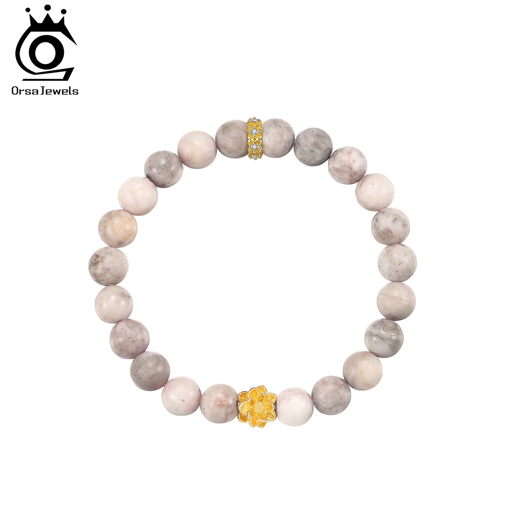 

ORSA JEWELS Модный браслет из бусин с камнями лотоса и зебры, с позолотой 14K, с подвеской в виде цветка, эластичный, для повседневной носки GMB106