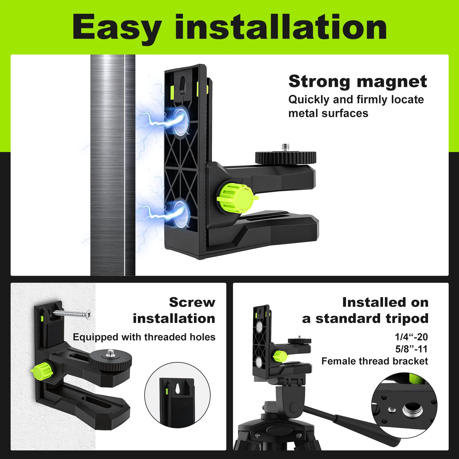 L-Shape Magnetic Bracket Base for Laser Level, 1/4''-20 Threaded Laser Level Tripod Stand 360° Horizaontal Ratation Height Adjus view 4