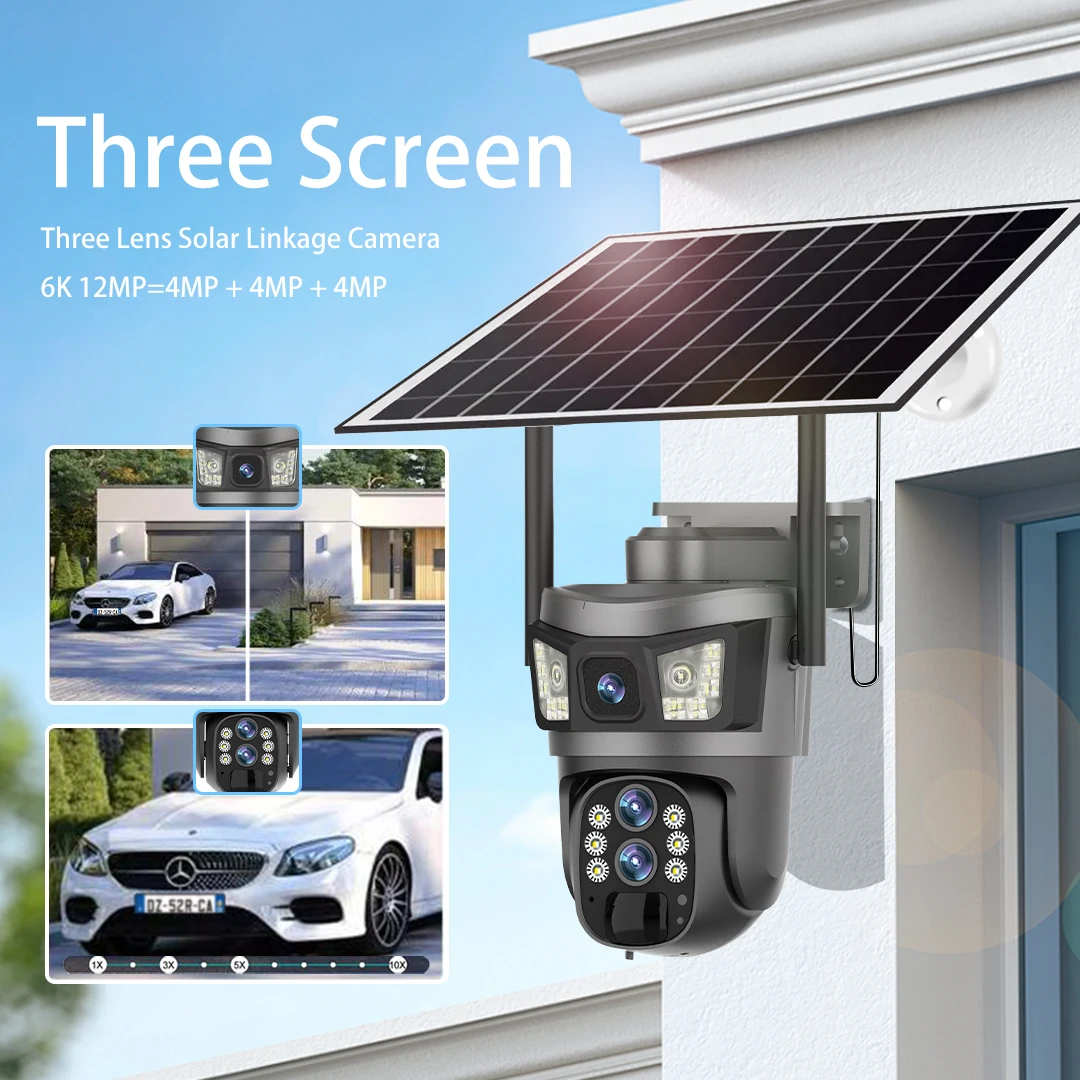 4G Sim Solar Outdoor Camera 6K 12MP 10X Zoom Surveillance Wireless Three Screen 360 PTZ Security Cameras CCTV Video V380 Cam