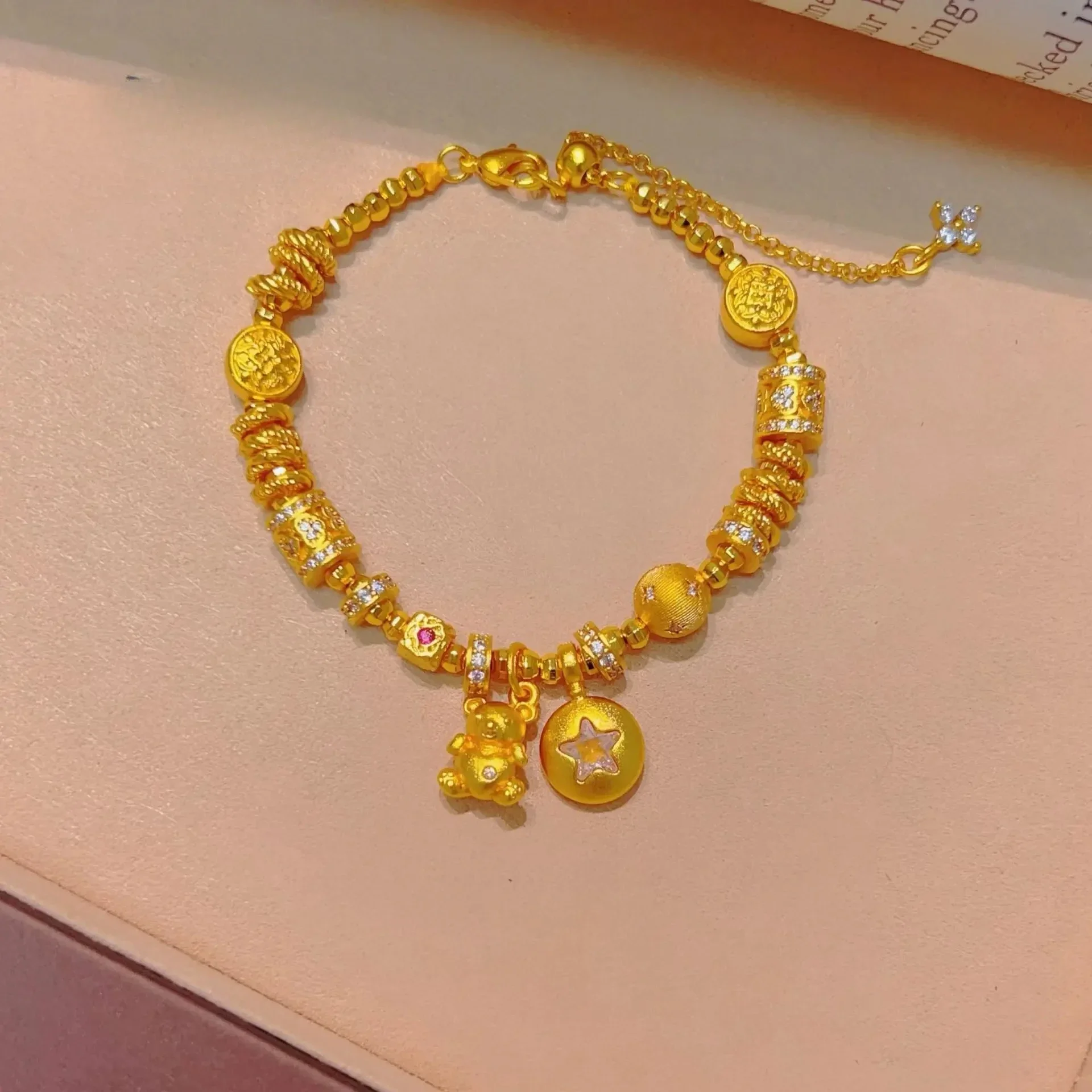 EternaGold  Luxury 9999 24K real gold dot diamond love little bear star beam fortune bead carpet women's ancient method treasure