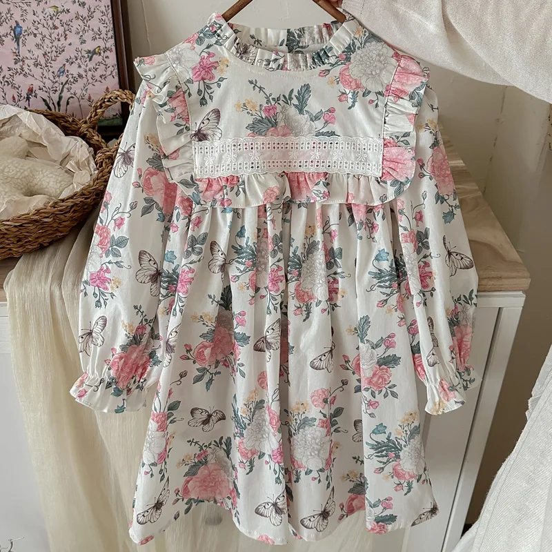 

Autumn Bubble Sleeves Butterfly Flower Princess Dress Children's Clothing Fungus Lace Stand Up Collar Long Sleeved Girls' Dress