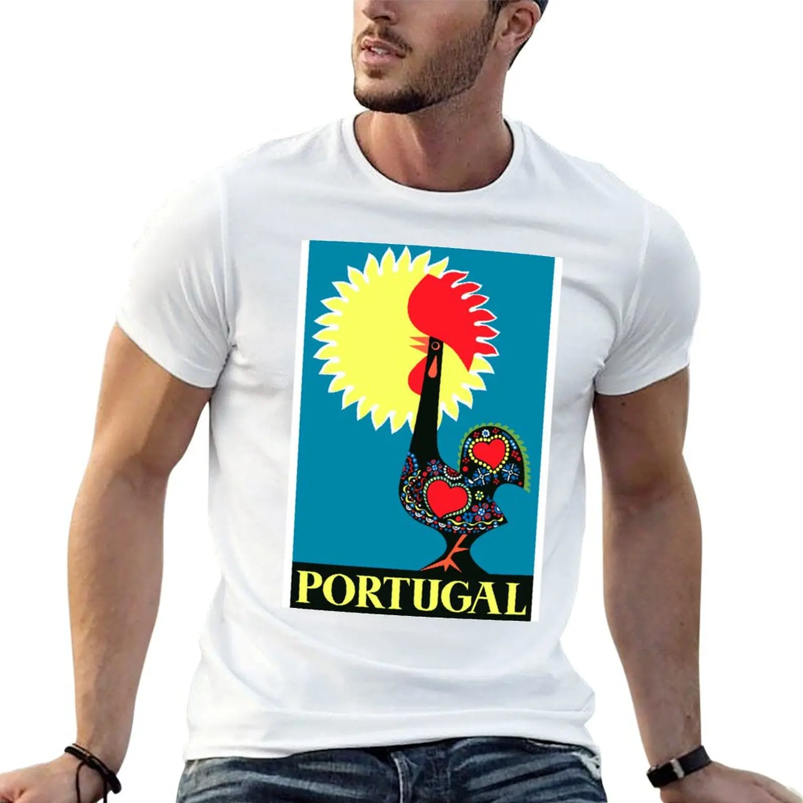 Camiseta com estampa de pôster de viagem do Galo de Barcelos de Portugal de 1965, camisetas personalizadas para homens, camisetas gráficas