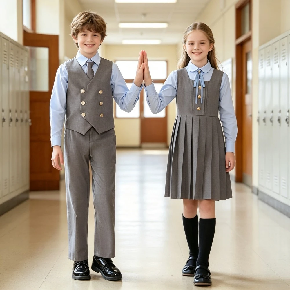 Kids School Uniform Suit Boys Double Breasted Vest Girls Dress British Preppy Style Ceremony Wedding Outfit Formal Events Wear