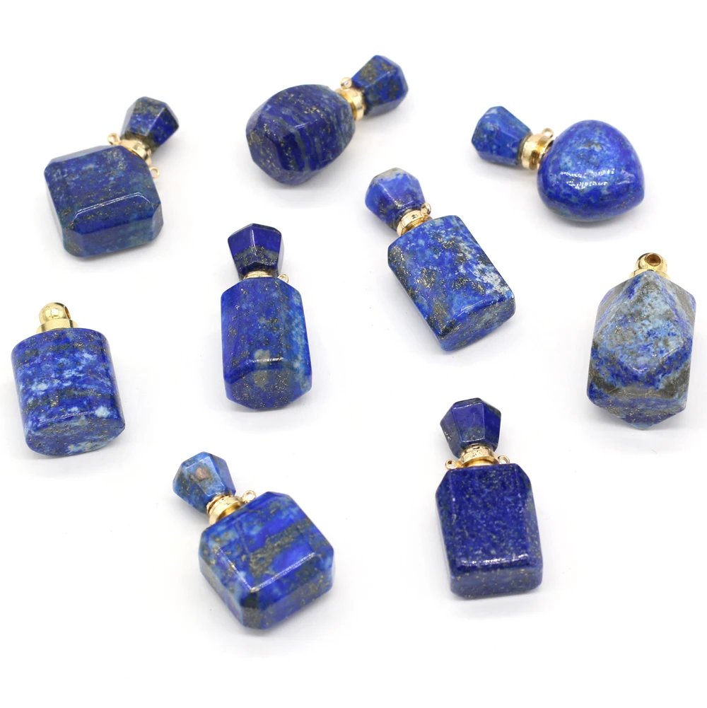 Natural Lapis Lazuli Perfume Bottle Pendant Gemstone Essential Oil Vial Charm for DIY Necklace Jewelry Making Supplies Accessory