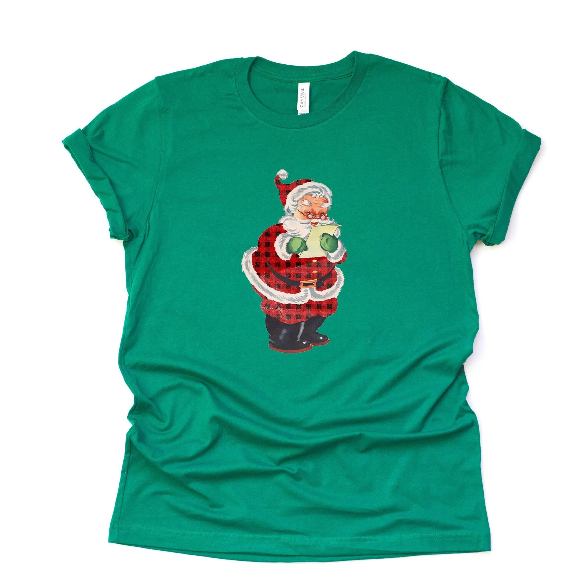 Vintage Look Santa T Shirt Old Time In Plaid Suit Design On Premium Unisex 3 Color Choices Plus Sizes