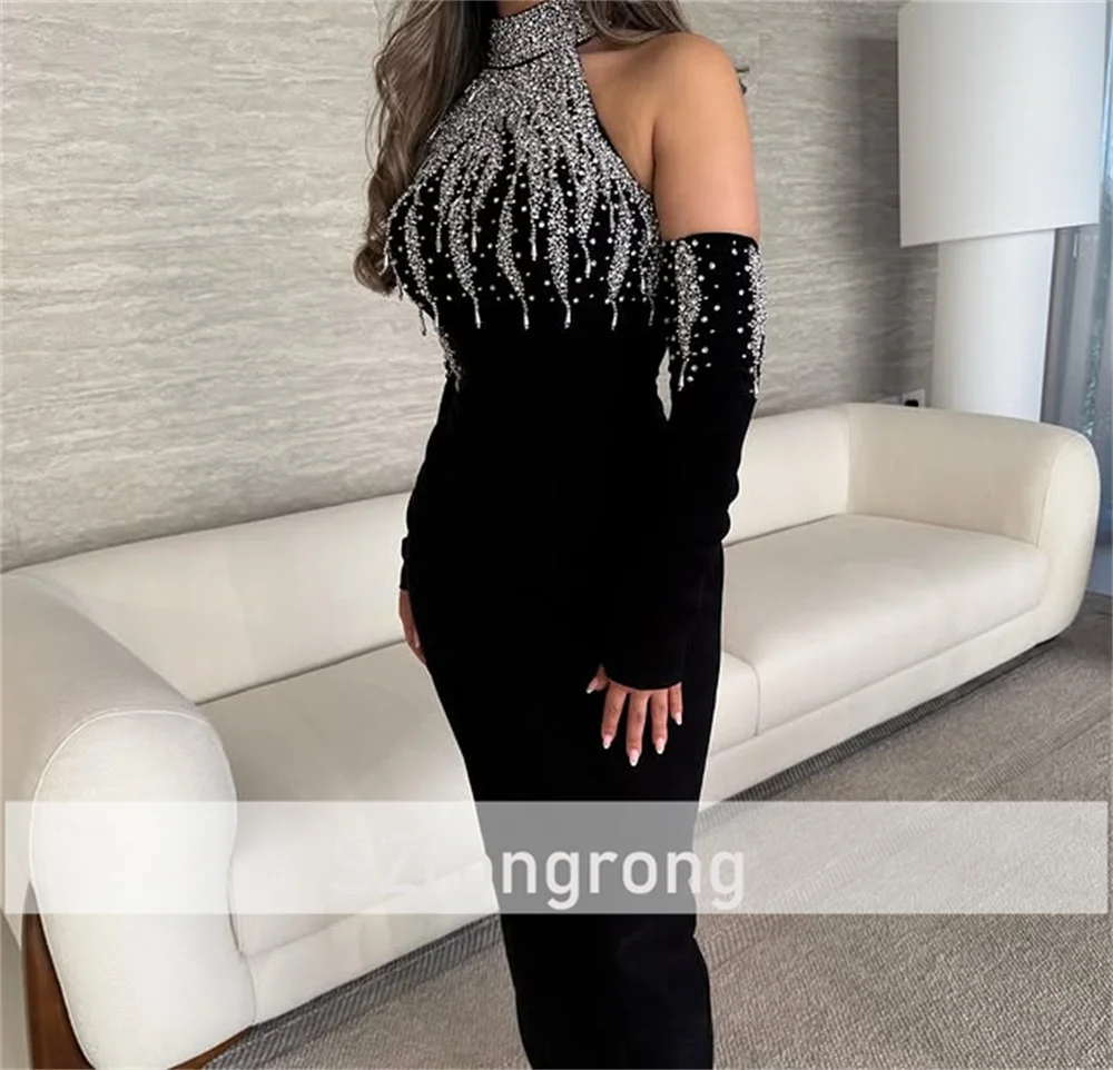 Fantástico vestido de noche de satén con cuello redondo personalizado, vestido largo árabe saudí sin espalda con funda de cristal, manga desmontable 3/4