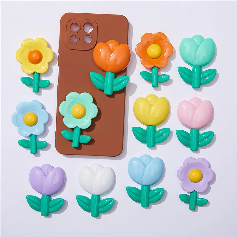 2pcs Large glossy tulip five-petaled flower resin accessories mobile phone case refrigerator sticker beauty material flatbac
