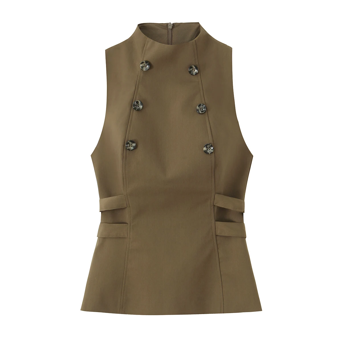 

New Fashion Slim-Fit Button-Up Vest Top Women's Street Style Polyester Fiber Cropped Length Double-Breasted Solid Color Top