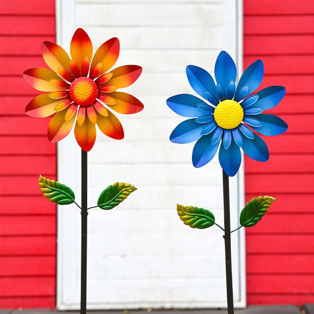 Garden Wind Spinner Metal Gazania Flower Outdoor Ornament Yard Rotating Stake Patio Art Lawn Sculpture Landscape Decor