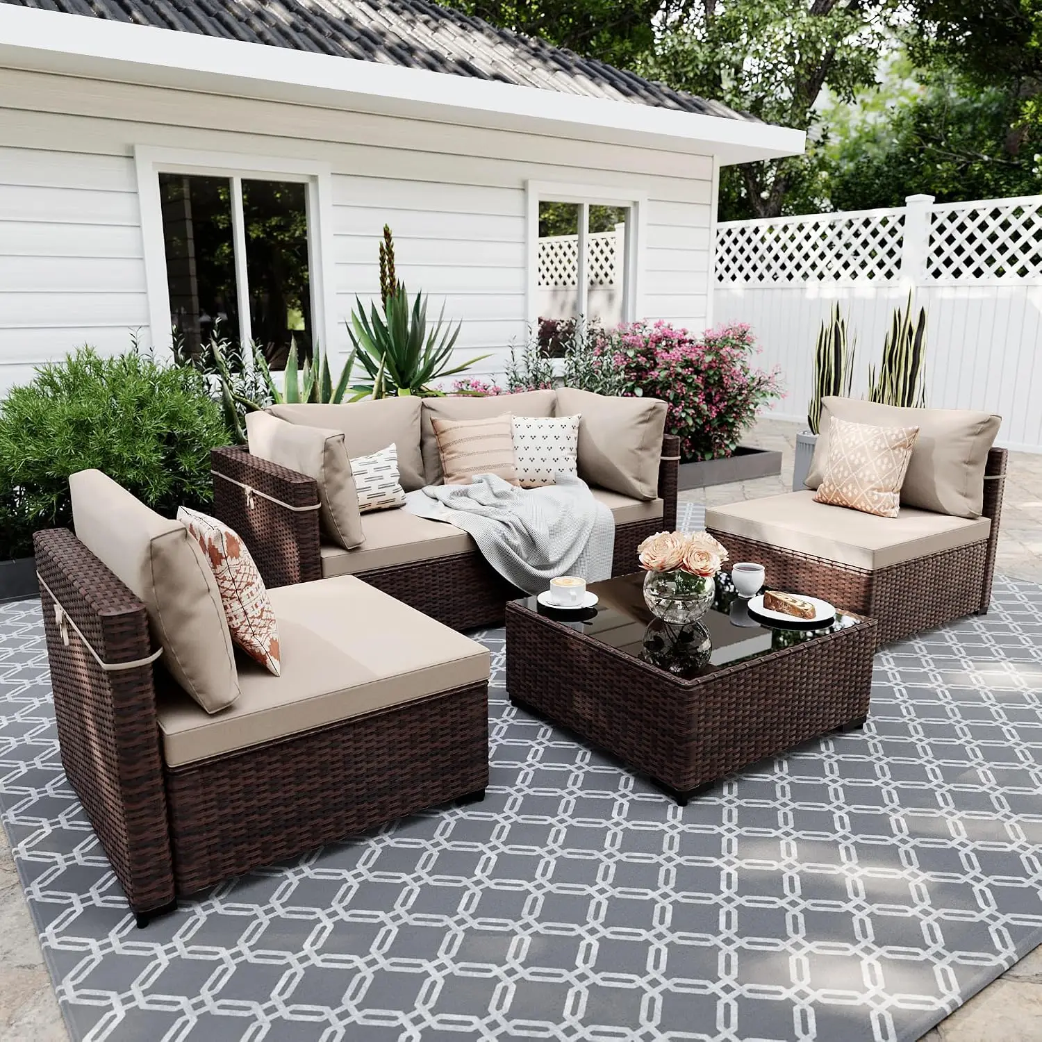 5-Piece Wicker Patio Furniture Set with Coffee Table Beige, Customized