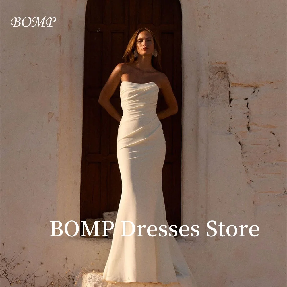 

BOMP Simple Wedding Dress Strapless Mermaid Evening Gown Sweep Train Pleat Sleeveless Button Back Customized vestidos de novia