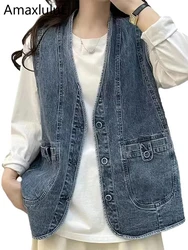 AmaxluluE 2025 Summer Womens Fashion Denim Vests Ladies Korean Casual Loose V Neck Sleeveless Clothes Classic Vintage Waistcoats
