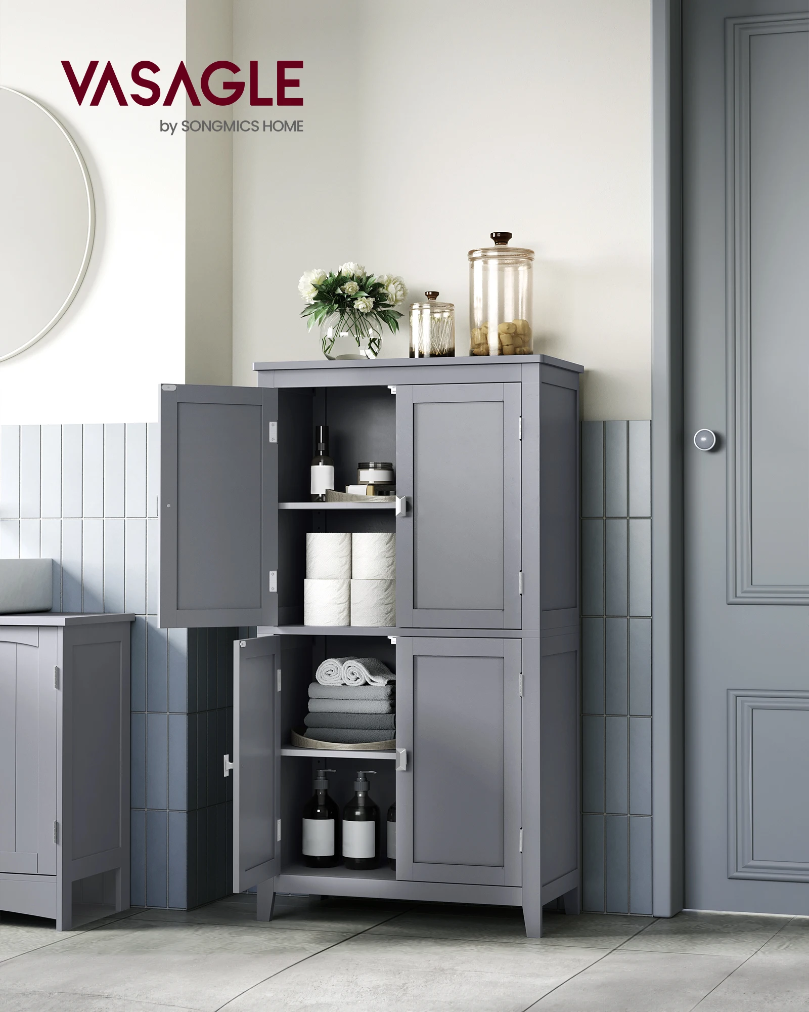 VASAGLE Bathroom Floor Storage Cabinet, Bathroom Storage Unit, Freestanding Cabinet with 4 Doors, Adjustable Shelves