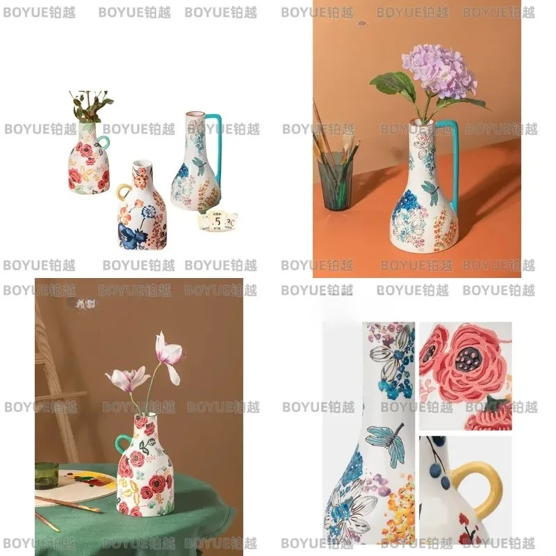 French Style Underglaze Ceramic Vase Light Luxury Home Decor Dried Flower Arrangement Ornament for Dining Table Living Room