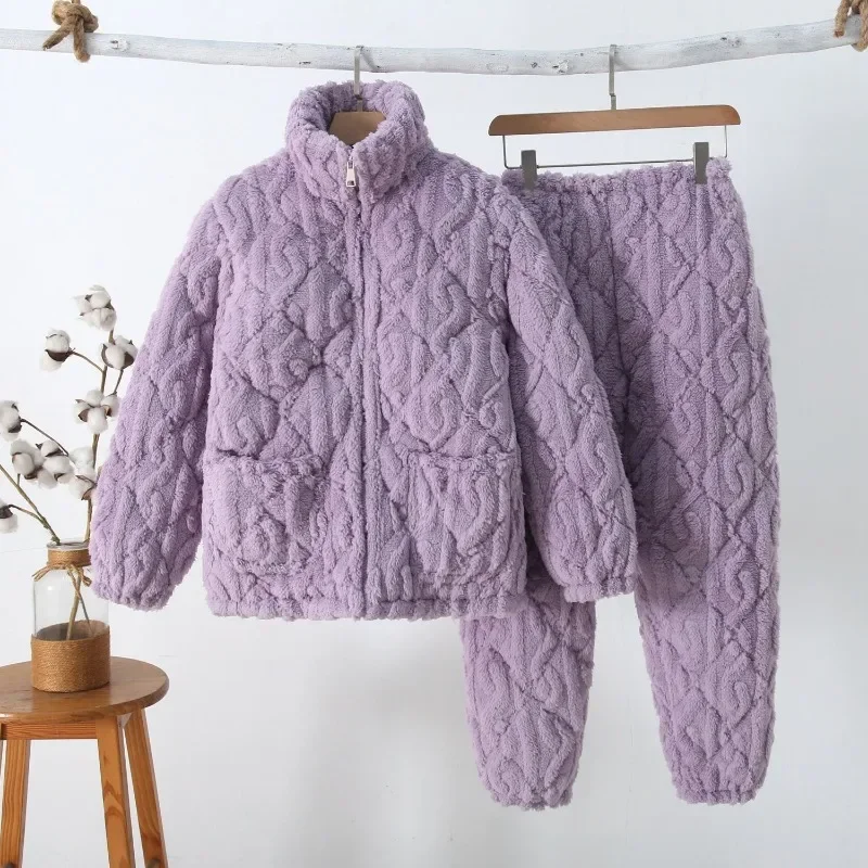 

Korean Casual Style Zip-up Cotton Jacquard Fleece Thick Pajamas Youth Sweet Fashion Flannel Winter Home Wear Can Be Worn Outside