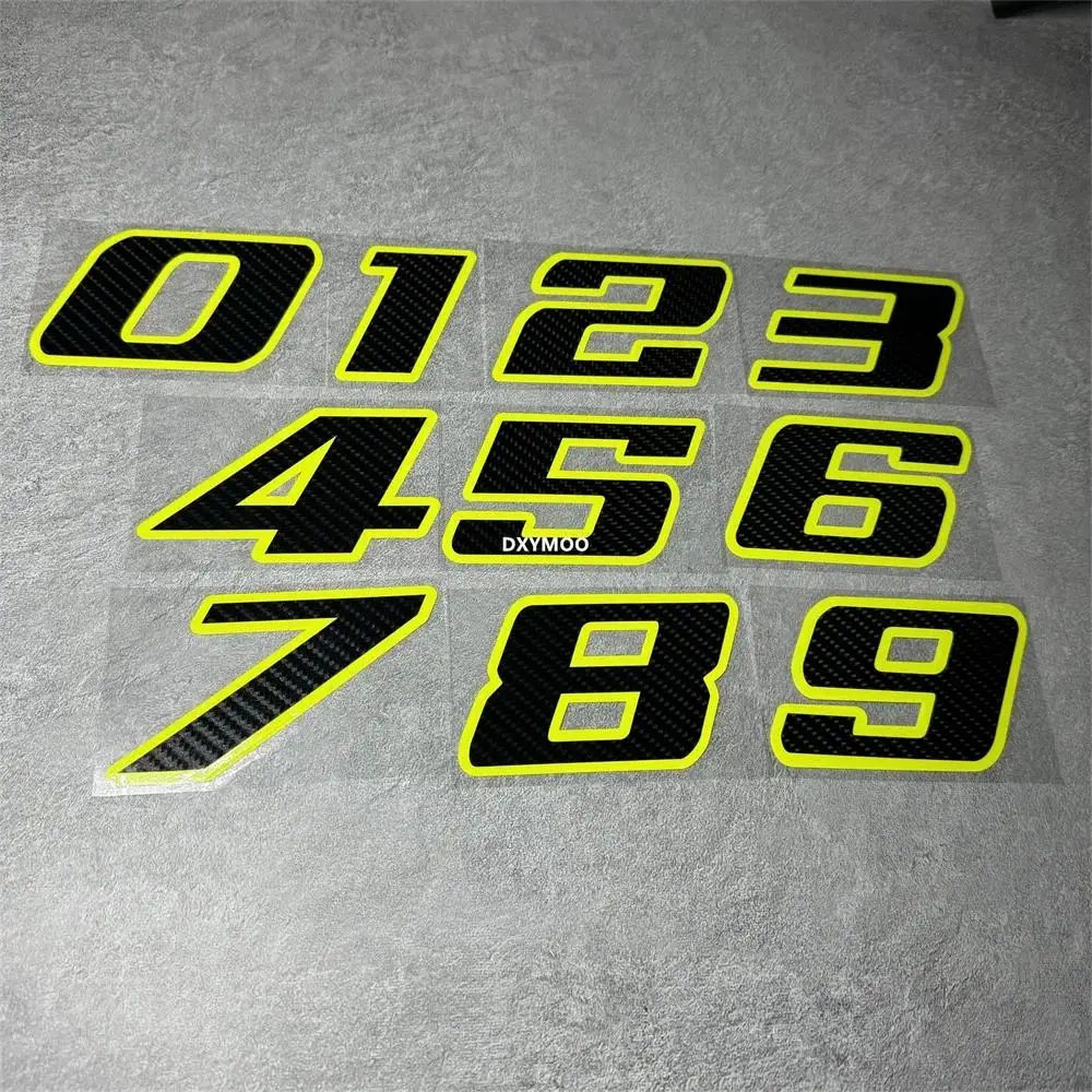 1PC 0-9 Carbon Fiber Fluorescent Yellow Outline Racing Number Vinyl Decals Waterproof for Motorcycle Helmet Car Decor