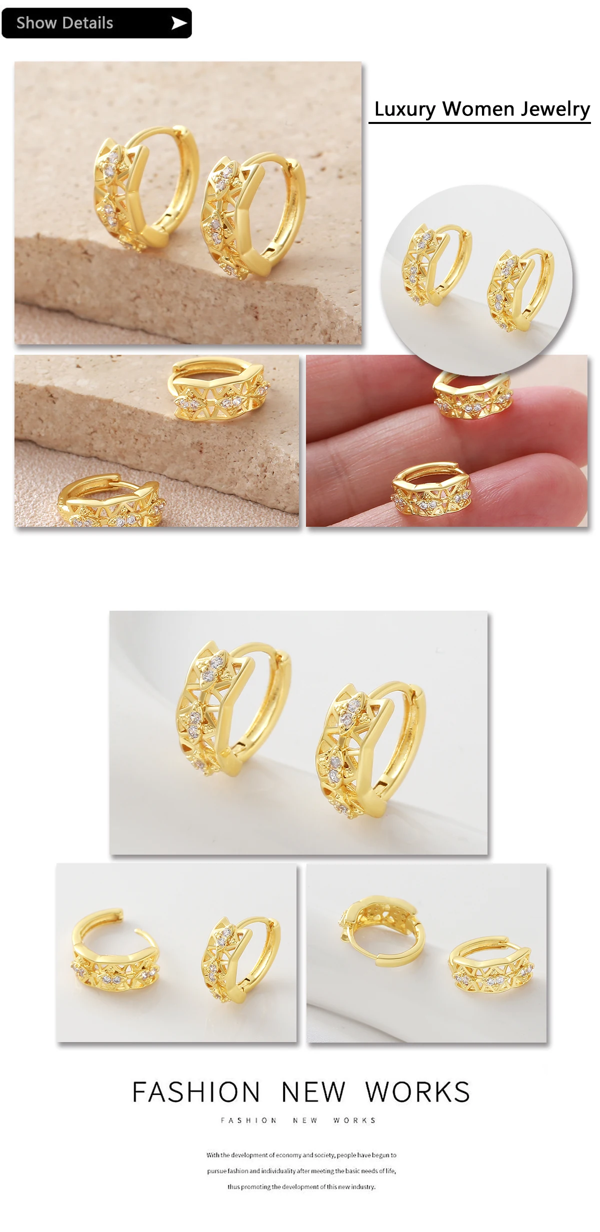 MHS.SUN Vergoldete, unregelmäßige, ausgehöhlte Creolen, klassische Ohrringe mit Zirkonia für Damen und Mädchen, täglicher Schmuck, Geschenk – Detail 17
