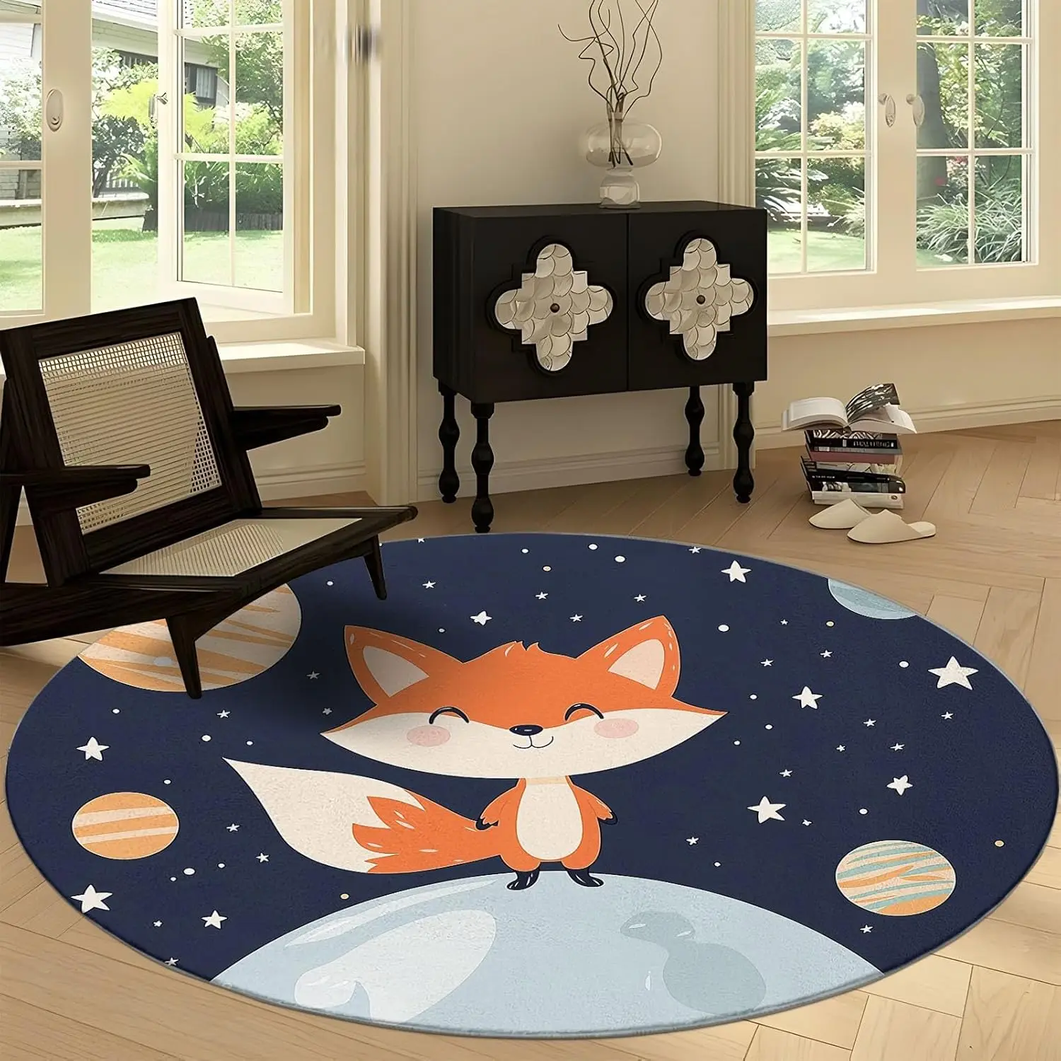 

Круглый ковер с принтом космических звезд, моющийся круглый ковер в мультяшном стиле с лисой, нескользящий круглый ковер, впитывающий коврик для