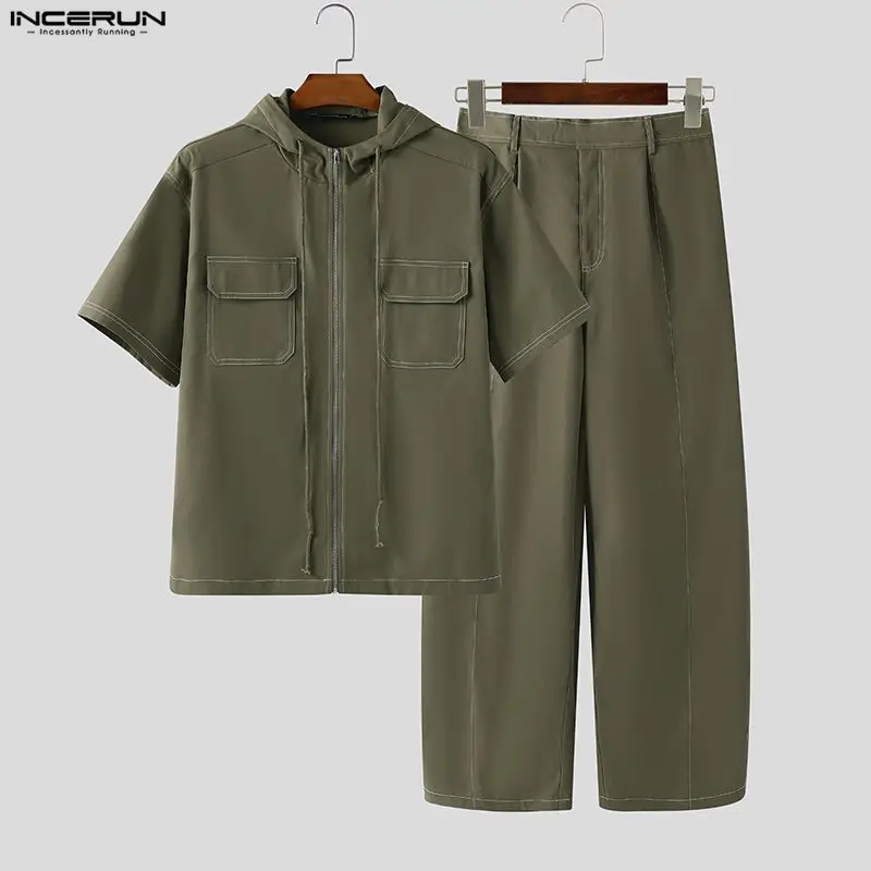 

INCERUN Men Sets Patchwork Hooded Short Sleeve Shirt & Pants Two Pieces Sets Streetwear Loose 2025 Fashion Men's Casual Suits