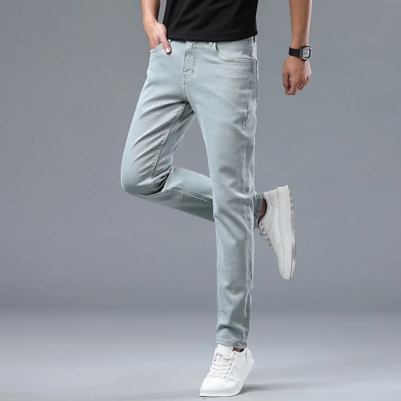 2024 new high-end trend Emerald Blue business casual jeans simple fashion versatile small straight jeans men's jeans