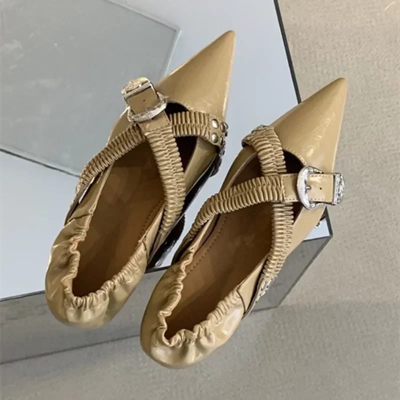 

Luxury Pointed Toe Elegant Ballet Flats Soft Leather Flats for Women Sexy Metal Belt Buckle Cross Strap Rivets Wedge Mules Shoe