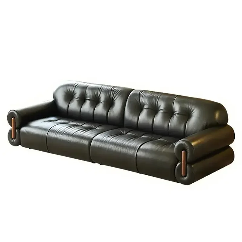 Medieval brown sugar cloud cherry wood leather sofa straight row living room light luxury first layer cowhide Italian style