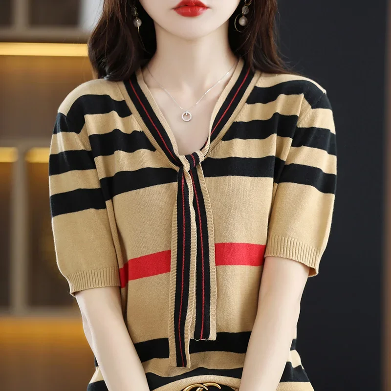 Short sleeved women's T-shirt, pure cotton top, 2024 summer new loose striped T-shirt