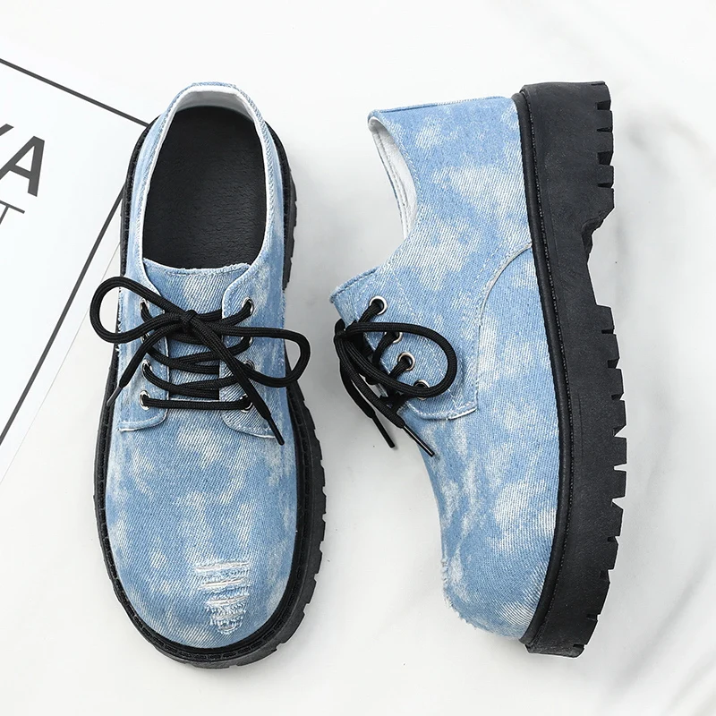 

2026New Men’s British Style Platform Denim Shoes Lace Up Outdoor Motorcycle Boots Retro Work Boots