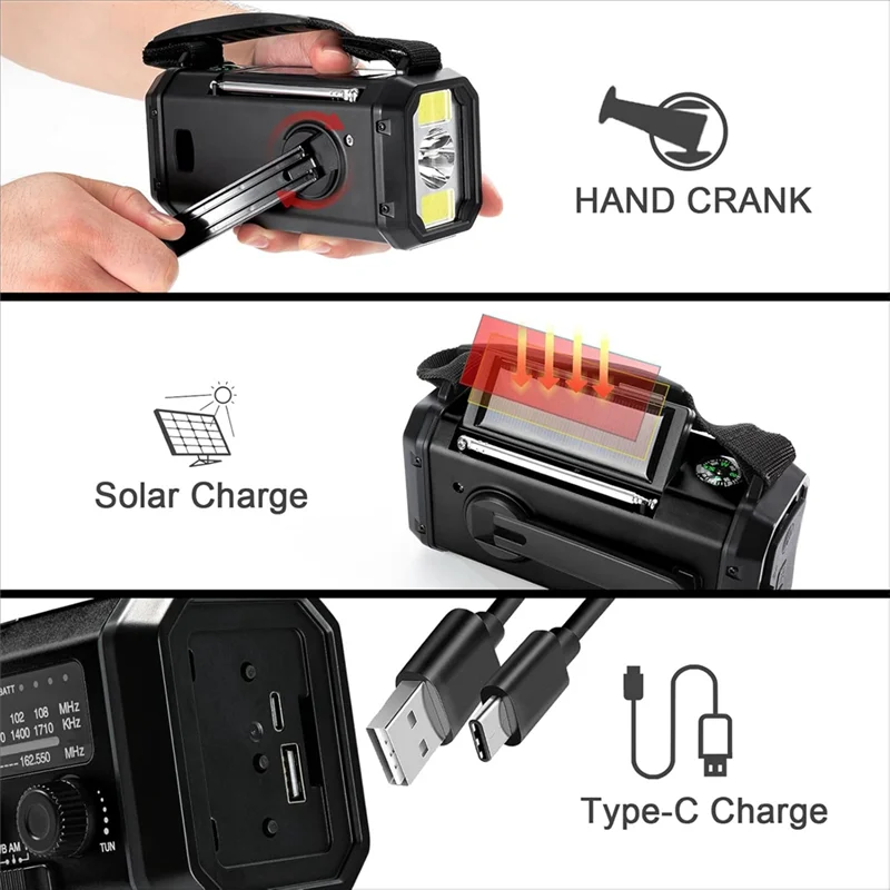 

A73E-Emergency Generator Radio For Outdoor Camping 20000Mah Radio FM/AM/WB Hand Crank Radio Flashlight Black