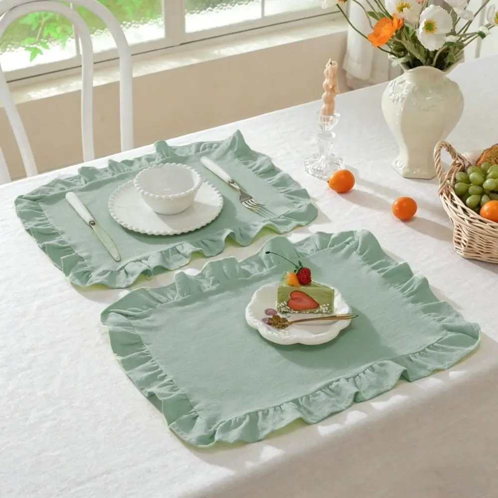 INS French-style Ruffled Edge Place Mat Cotton Rectangular Afternoon Tea Tableware Mat Solid Color Table Napkin Wedding