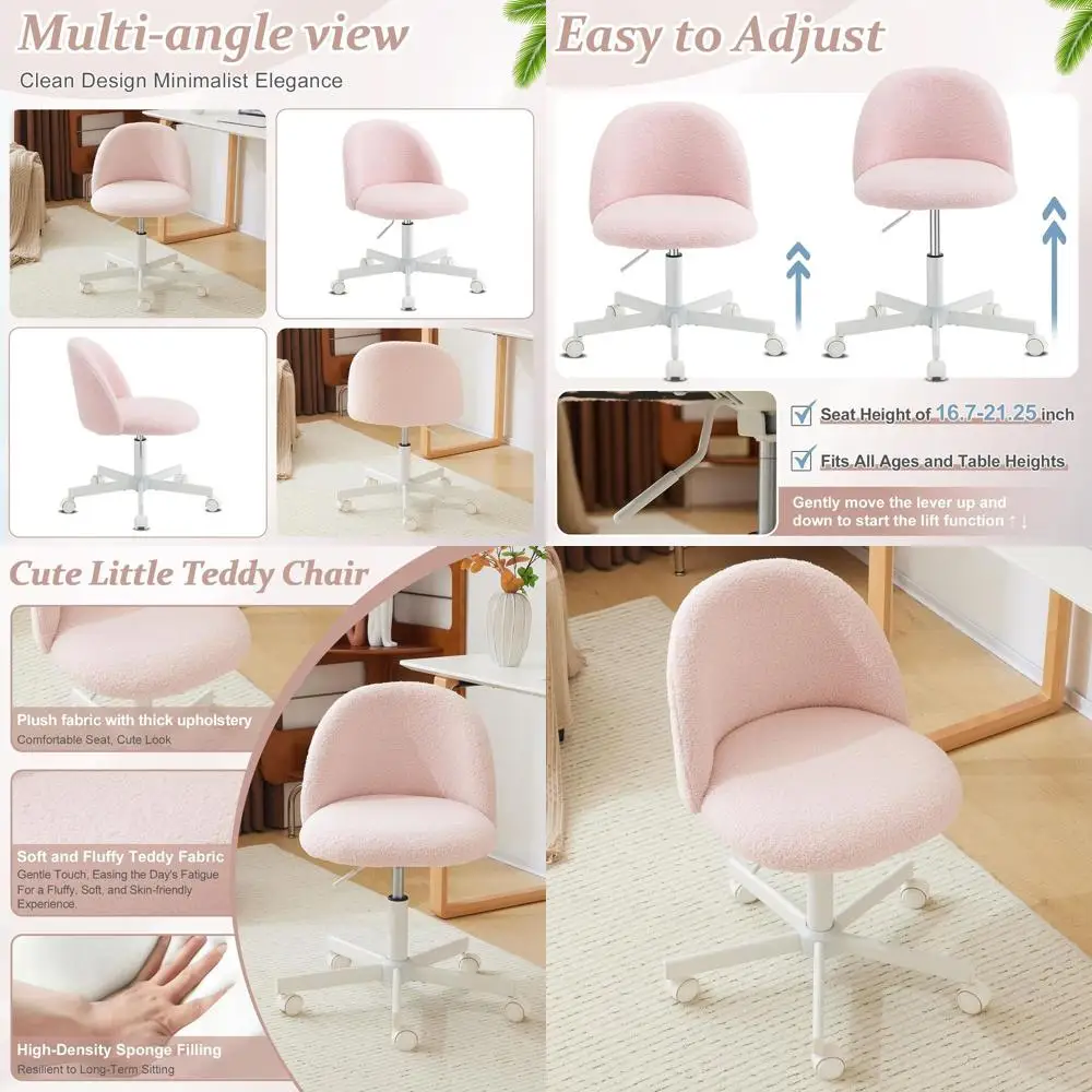 

Pink Cushioned Armless Office Chair with Wheels and Lumbar Support for Home and Vanity Desk Use