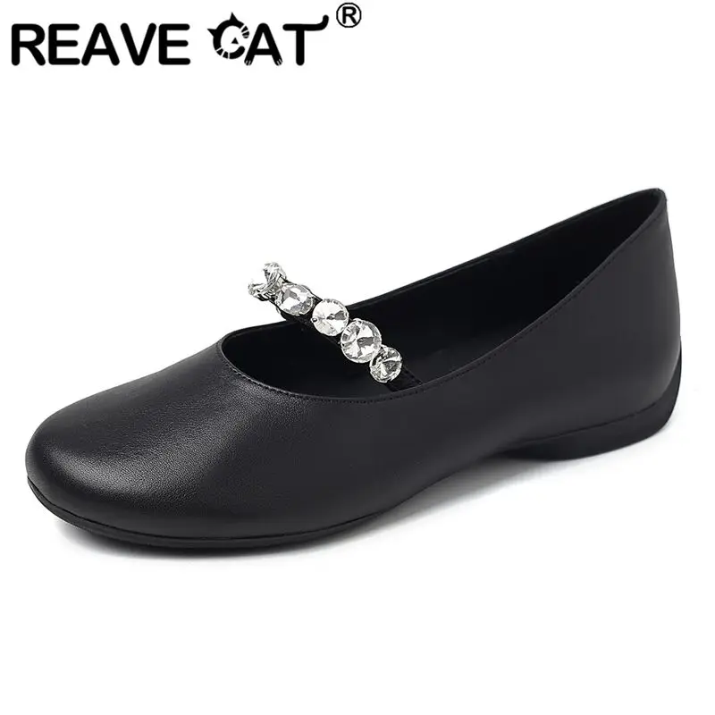 

Женские туфли REAVE CAT из натуральной кожи, зеленые, с круглым носком, без застежек, с кристаллами, мягкие, для отдыха и свиданий, женская обувь Sweet Mary Jane