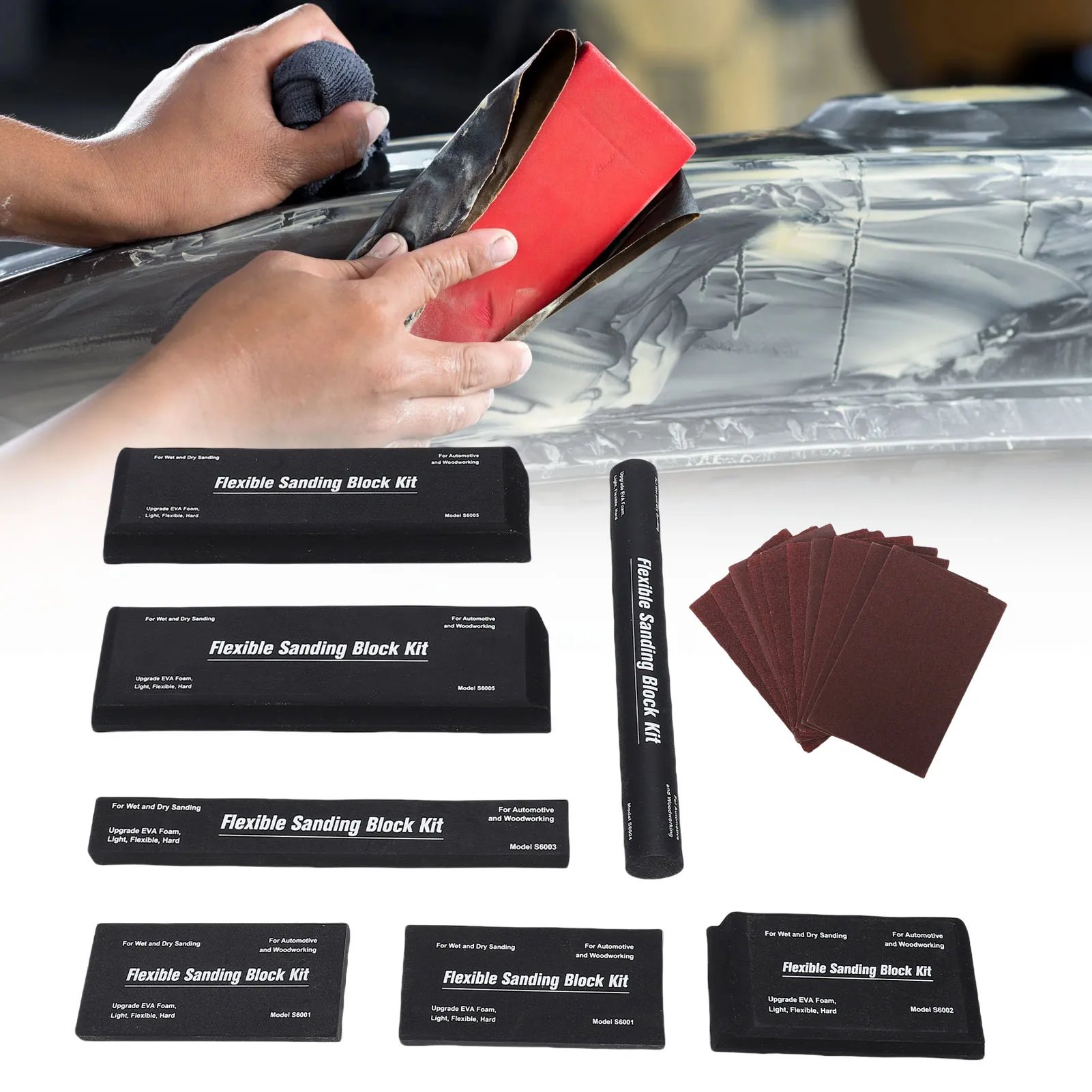 

Набор шлифовальных блоков из ЭВА-пены с эргономичной рукояткой для влажной и сухой шлифовки кузова автомобиля, включая бумагу для шлифовки.