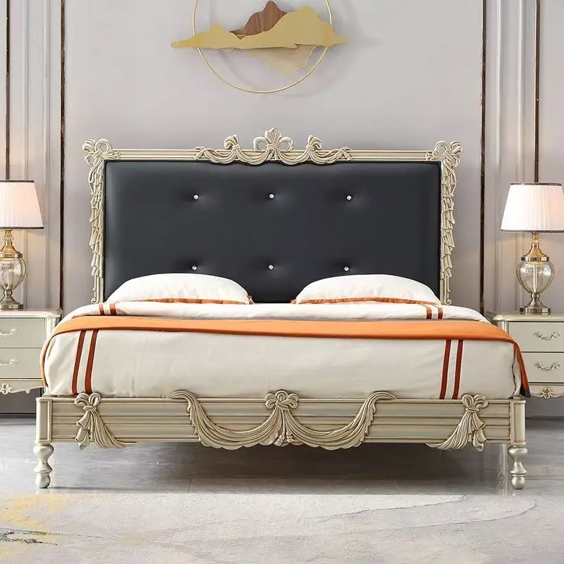

！@European Classic Design Soldi Wood Bedroom Sets Golden Brown Wood Carved Bed Antique Furniture Light Luxury Wooden Beds