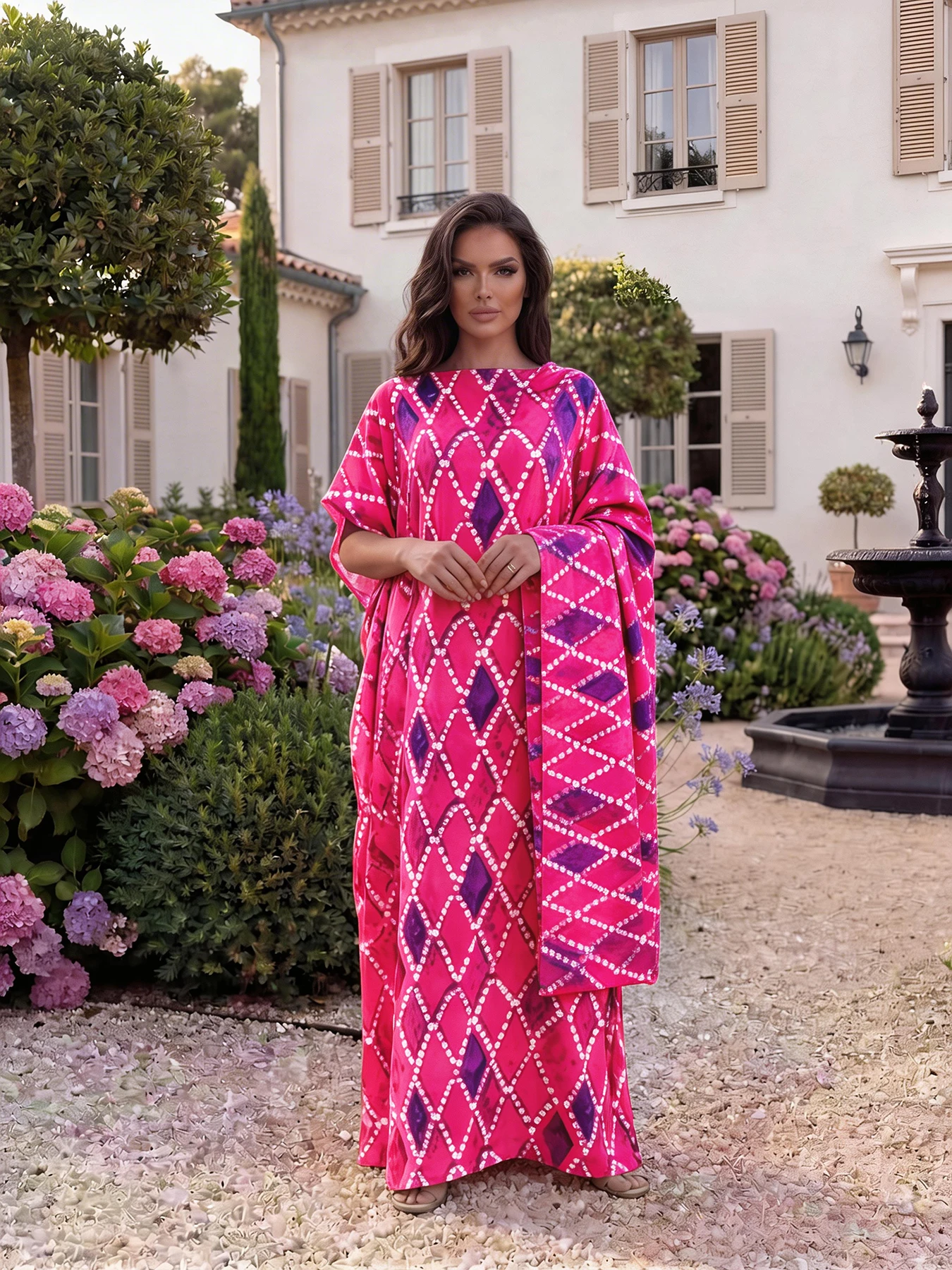 Diamond Geometric Print Abaya with Matching Scarf, Loose Short‑Sleeve Long Robe, Summer Beach Outfit for African Muslim Women