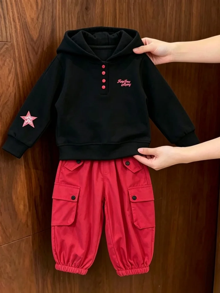 Girls' Autumn Fashionable Long Sleeve Letter Star Hoodie Workwear Pants Two Piece Set Cute Smart Casual Sportswear Ensemble