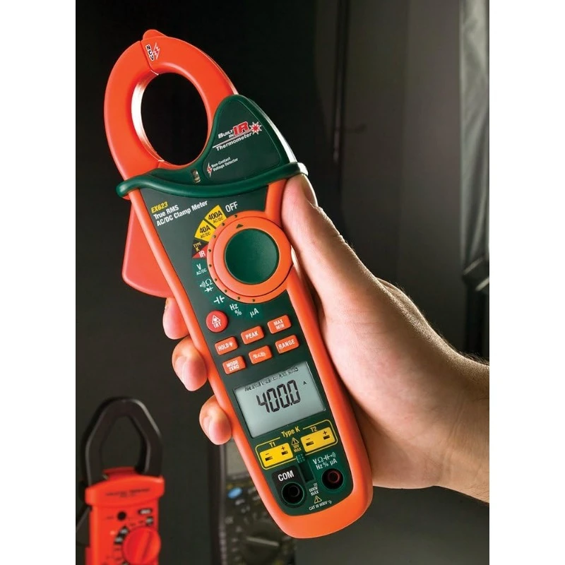 EX623 Clamp Meter com Dual Type K Termômetro Infravermelho, True RMS 400A, AC DC, NCV