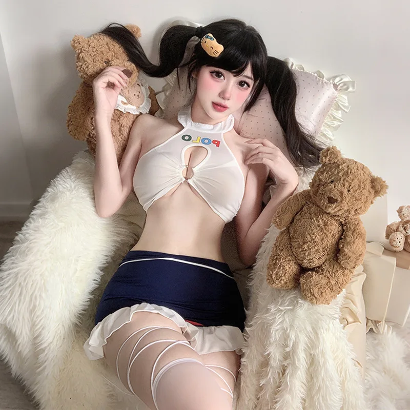 

Sexy Lingerie College Cute JK Uniform Tempting Sweet Schoolgirl Cosplay Hollow Out Top Ruffled Miniskirt Kawaii Student Costumes