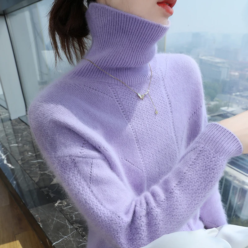 2024 Autumn and Winter Women\'s Dress 100% Mink Cashmere Sweater Turtleneck Knitted Long Sleeve Thick Warm Pullover Fashion Top