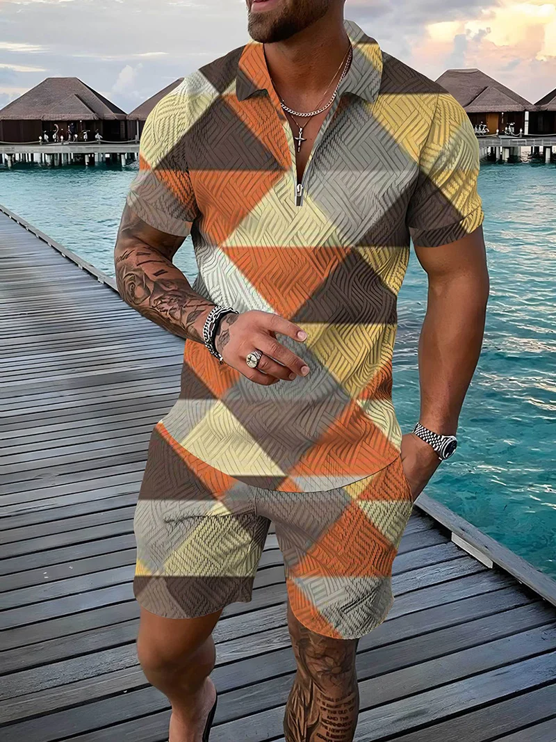 

Color Patch 3D Printed Casual Zipper Polo Shirt + Shorts 2-piece Sportswear set, Summer Fashionable men's Sportswear Set
