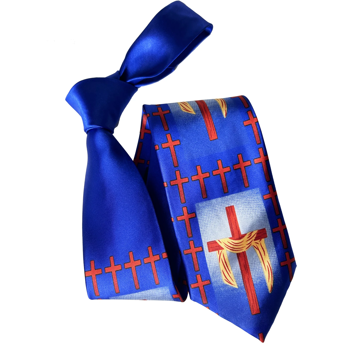 New Design Ties Jesus Church Christian Neckties Royal Blue with Red Cross Printed Neck Ties for Men Thanksgiving Christmas Gift