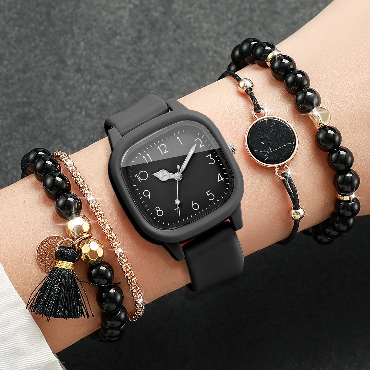 5PCS/Set Fashion Square Women Watches Casual Silicone Strap Sports Wristwatch Beads Bracelets Set Reloj Mujer (Without Box)